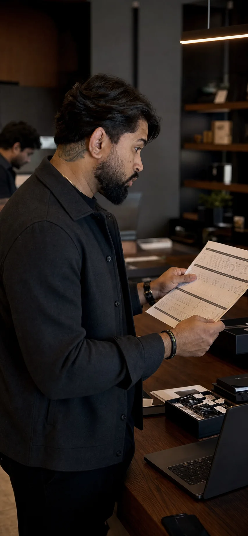 David Lima analisando um relatório impresso sobre a bancada da loja