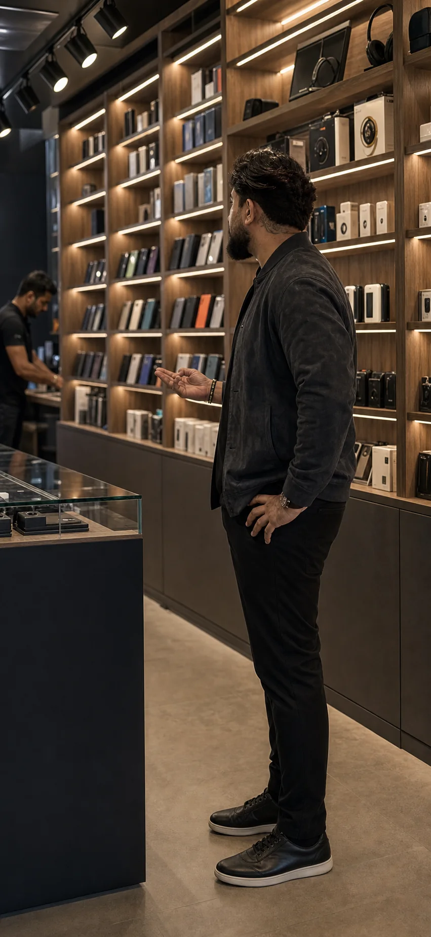 David Lima observando a exposição de produtos em um showroom
